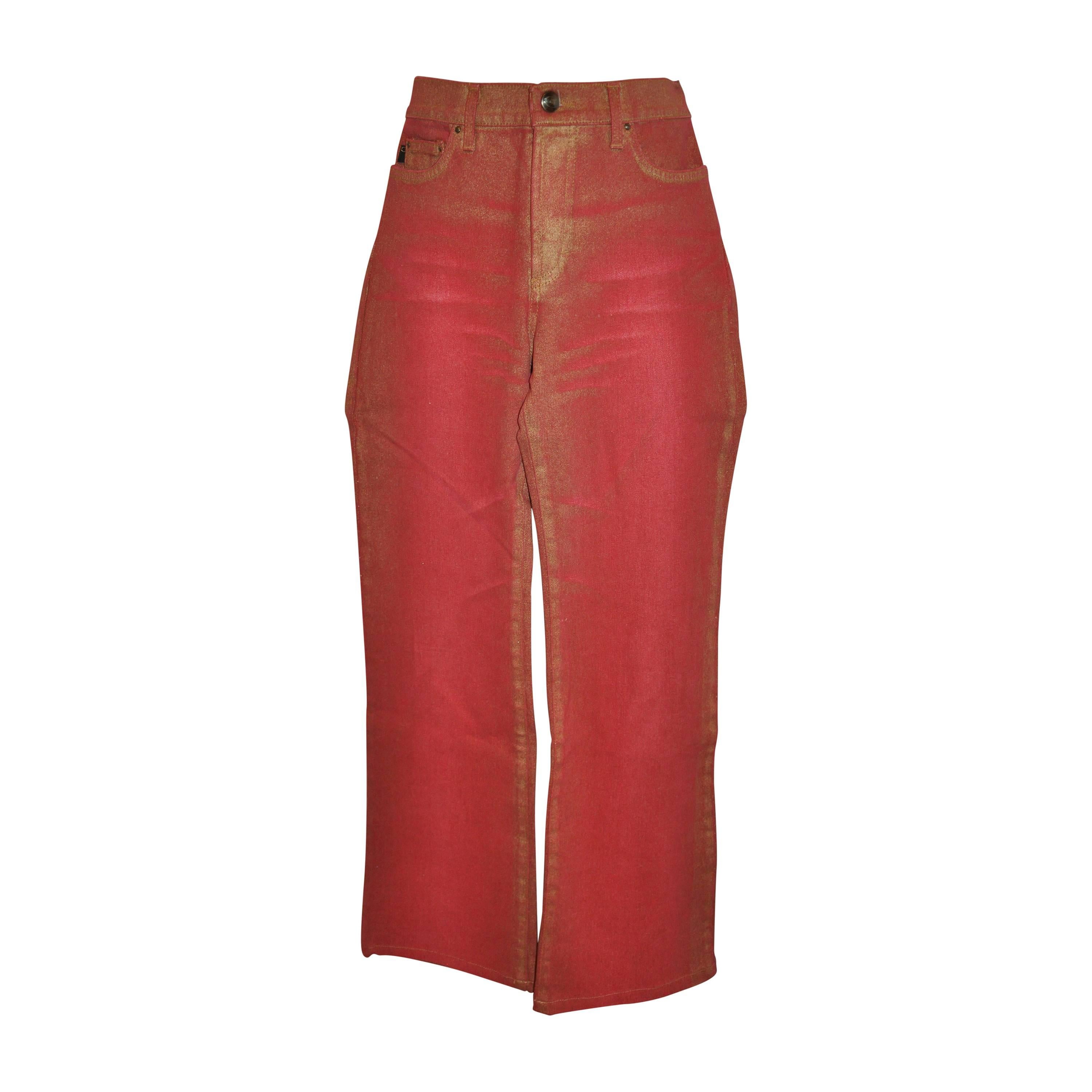 Roberto Cavalli Stretch Metallic Red 5-Pocket Style Jeans For Sale