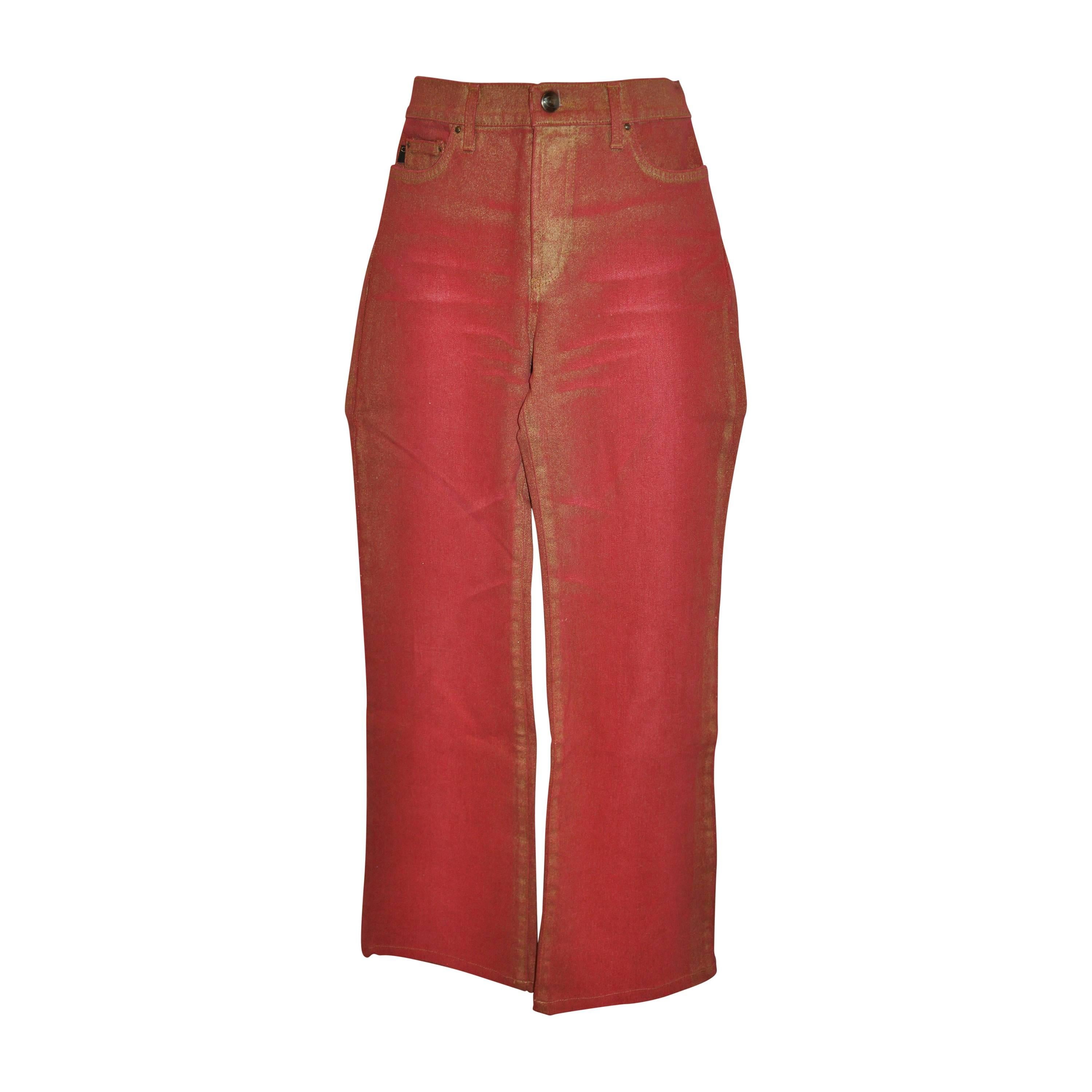 Jean extensible rouge métallisé à 5 poches Roberto Cavalli en vente