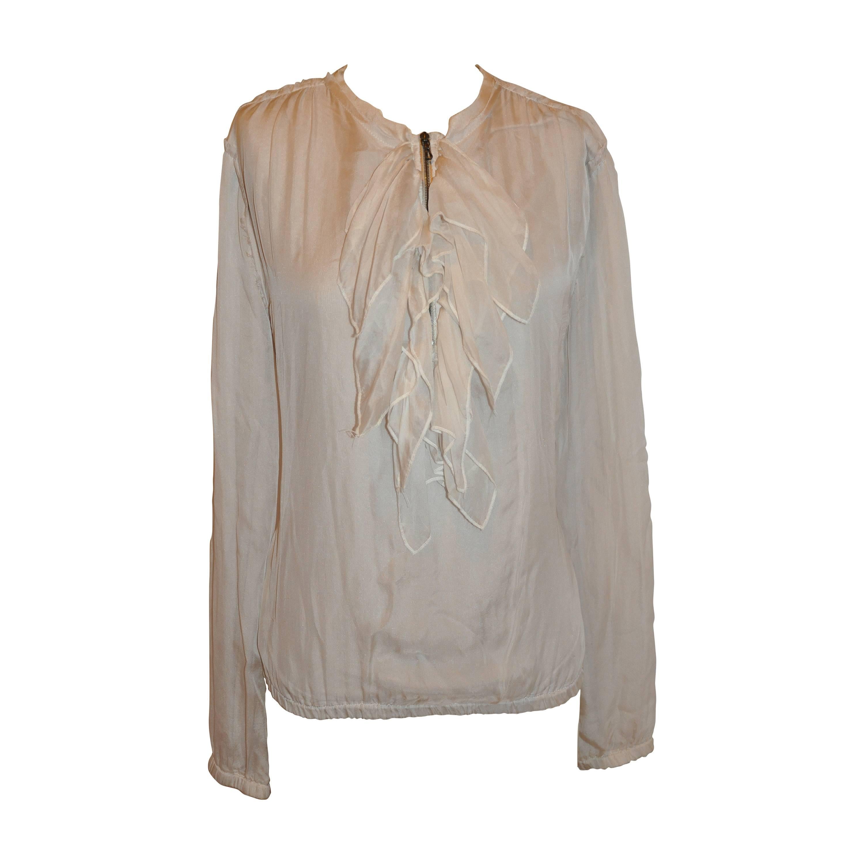 Lanvin Double-Layered Cream Silk "Savage" Ruffled Zipper-Front Pullover For Sale