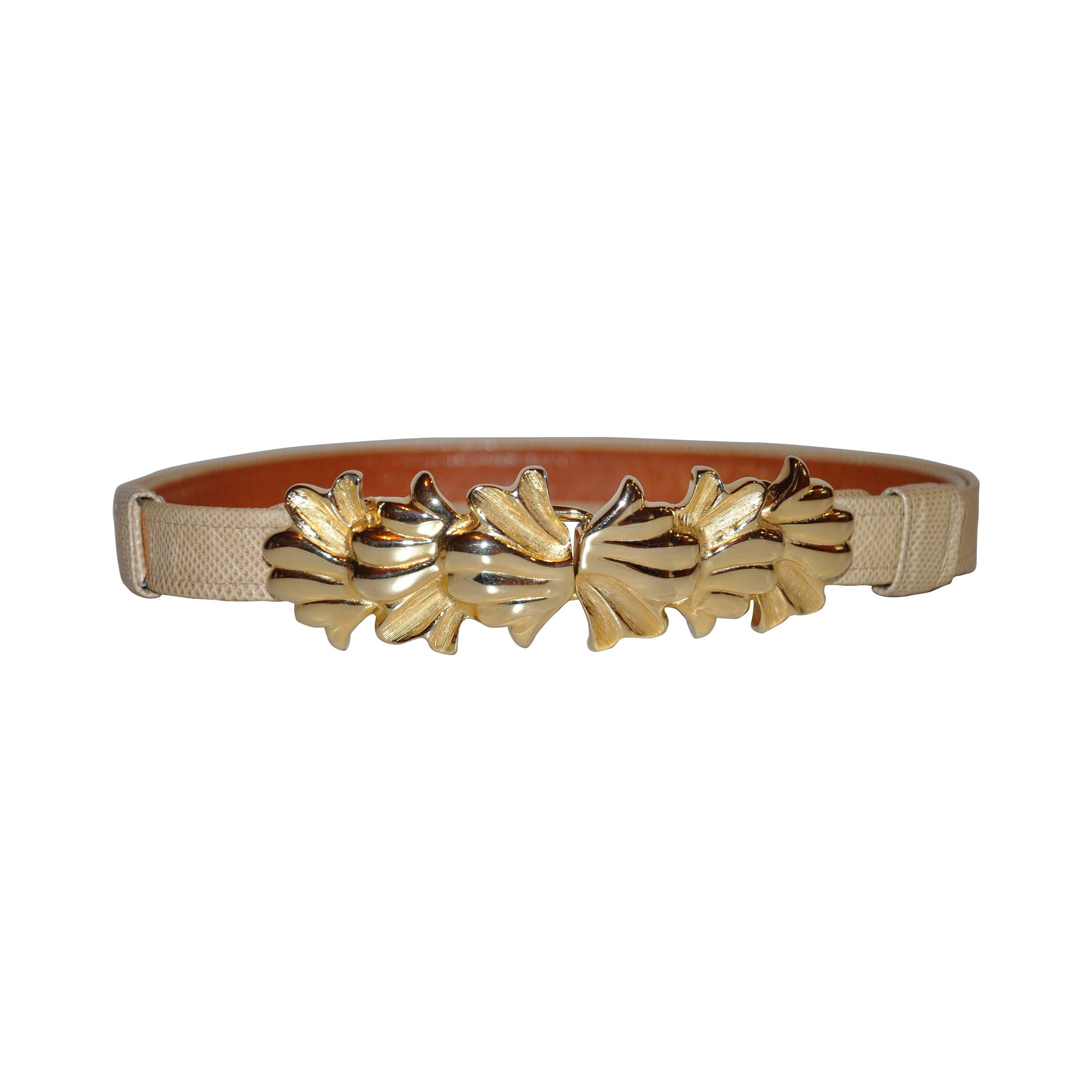 Alexis Kirk Bold Gilded Gold Vermeil Belt Buckle with Textured Leather Belts For Sale