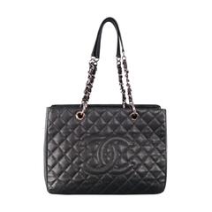CHANEL Black Leather -GRAND SHOPPER- Quilted Chain Tote Bag