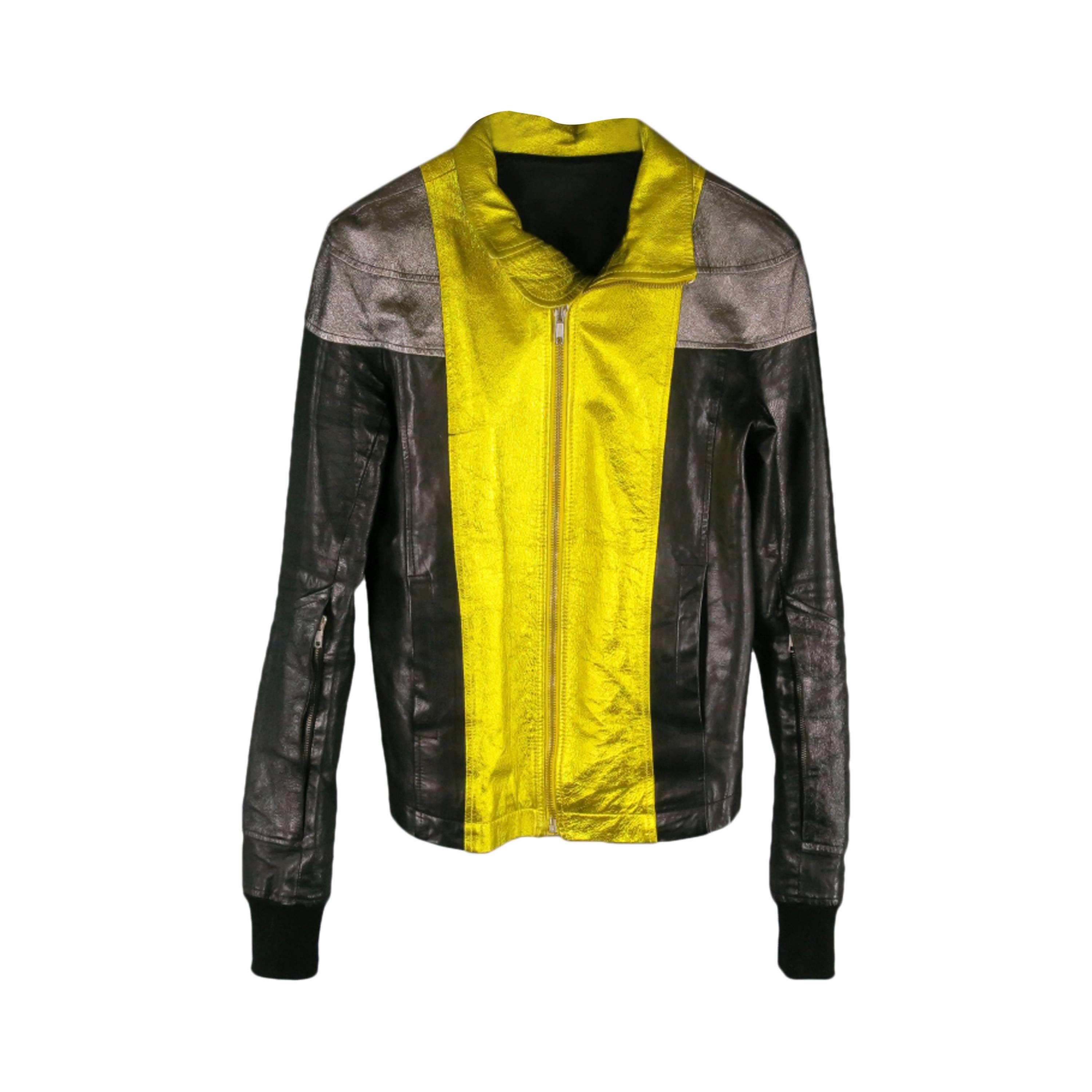 RICK OWENS 36 Black Gold and Silver Metallic Leather Biker Jacket