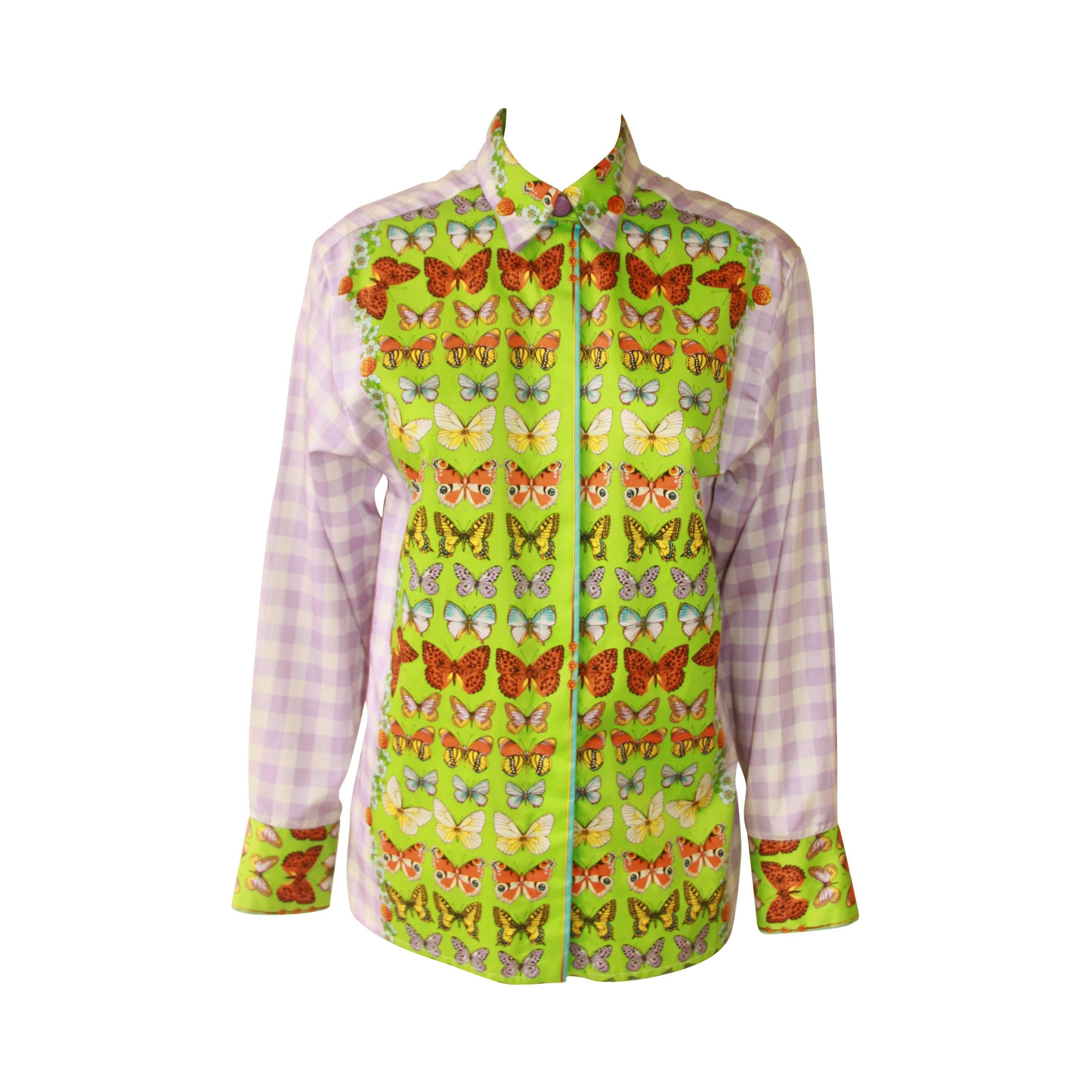 Gianni Versace Butterfly Checked Printed Shirt Spring 1995 For Sale