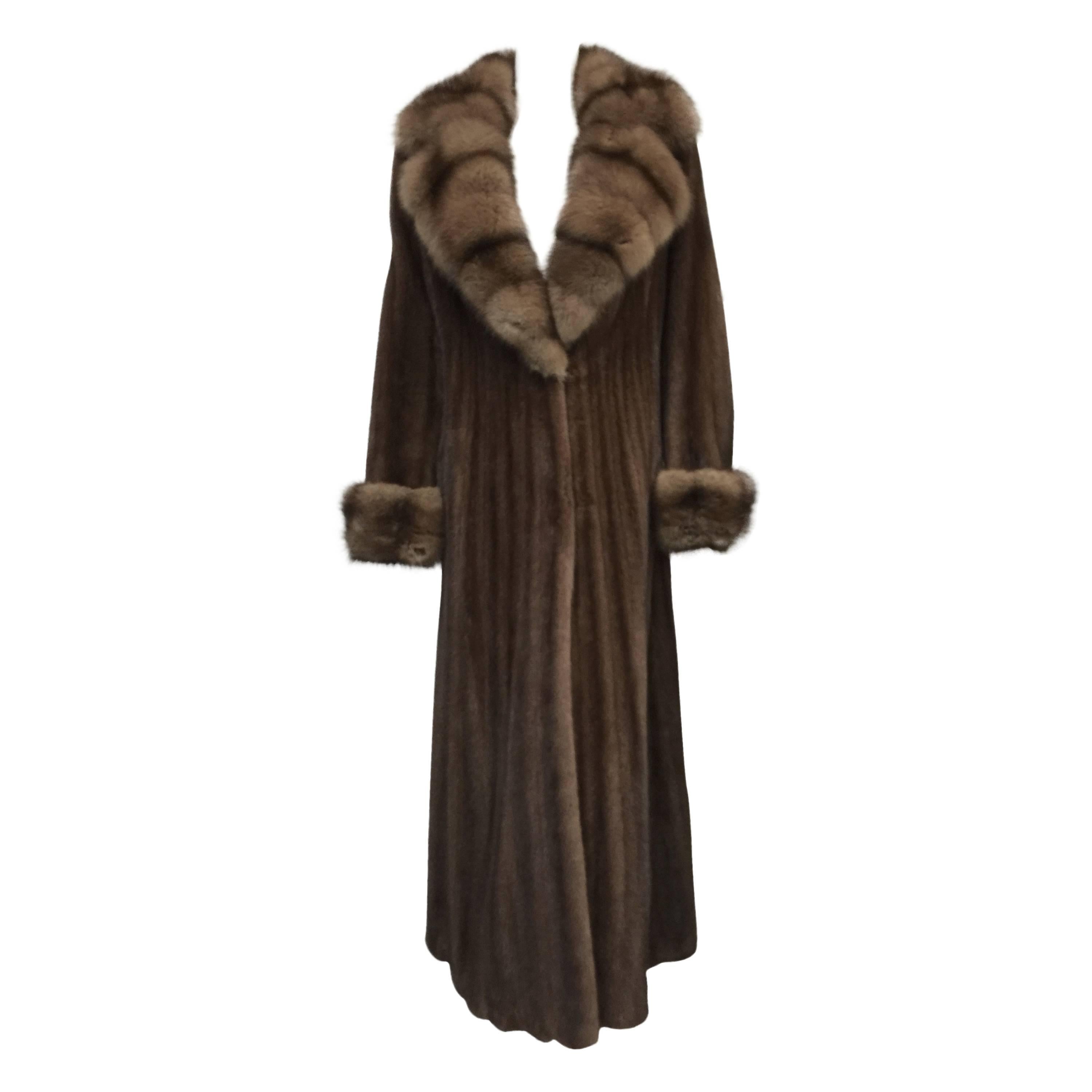 Luxurious Brown Mink Long Swing Coat With Sable Collar and Cuffs For ...