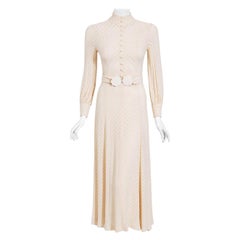 Vintage 1970's Ivory Semi-Sheer Dotted Crepe Long-Sleeve Belted Bridal Dress
