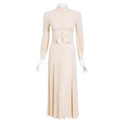 Retro 1970's Ivory Semi-Sheer Dotted Crepe Long-Sleeve Belted Bridal Dress