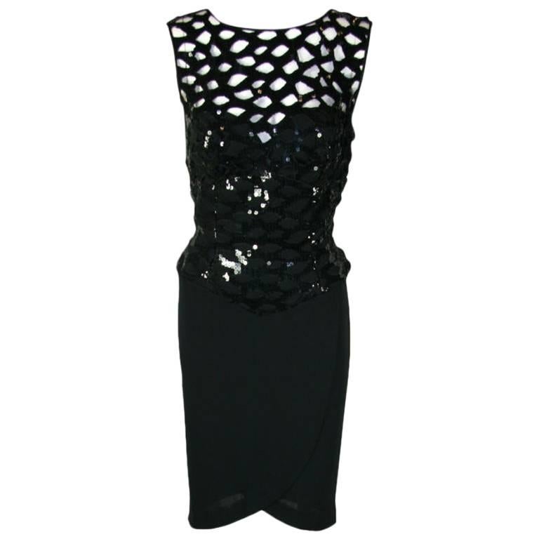 Vicky Tiel Black 1980s Sequined Peak-a-boo Cocktail Dress For Sale
