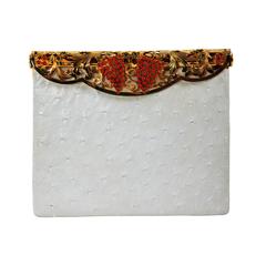 Vintage 1980s Jacamo White Ostrich Clutch with Coral Frame 