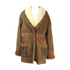 Vintage Italian Shearling Suede Southwestern Whip Stich Jacket Coat 