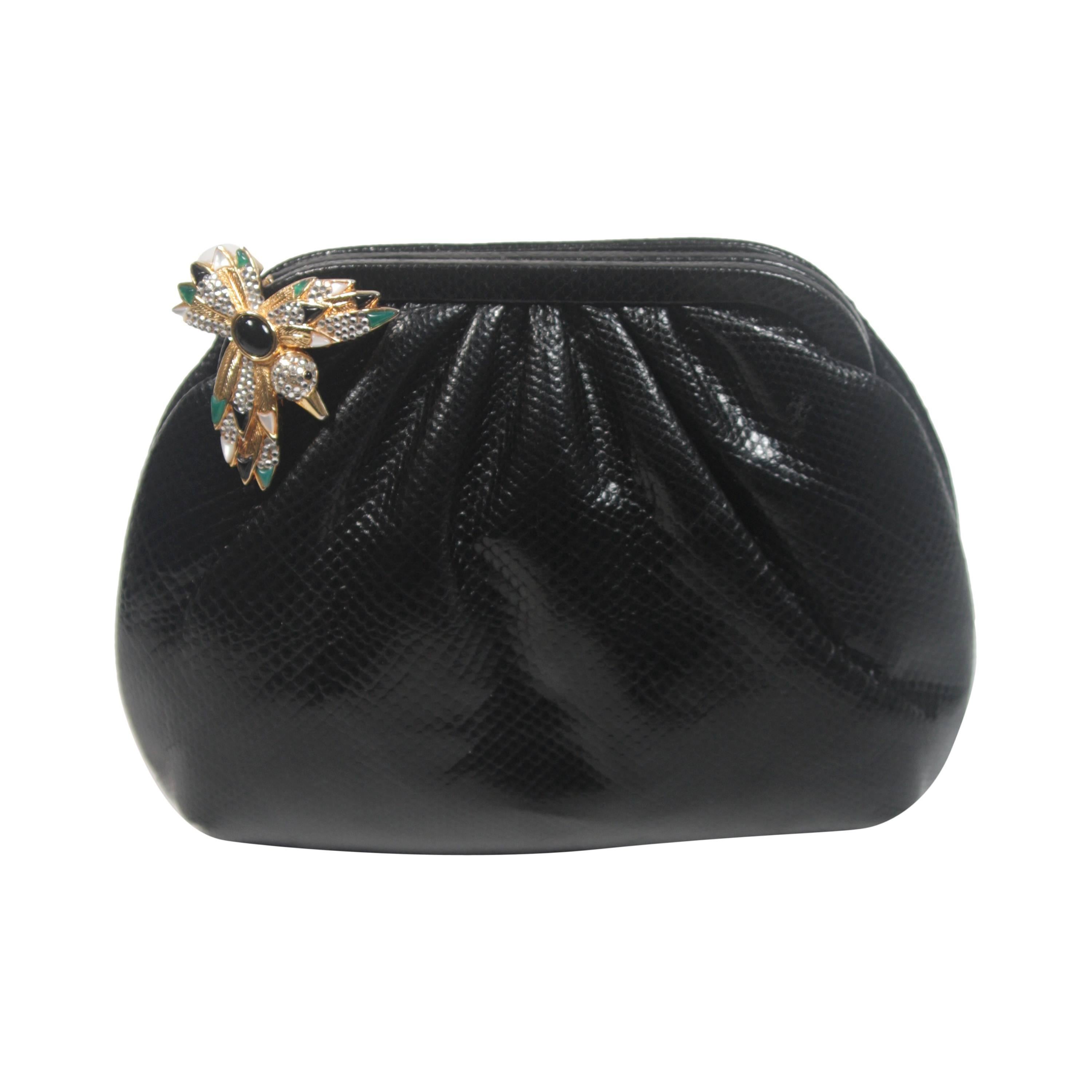Judith Leiber Black Lizard Clutch with Jeweled Hummingbird Clasp