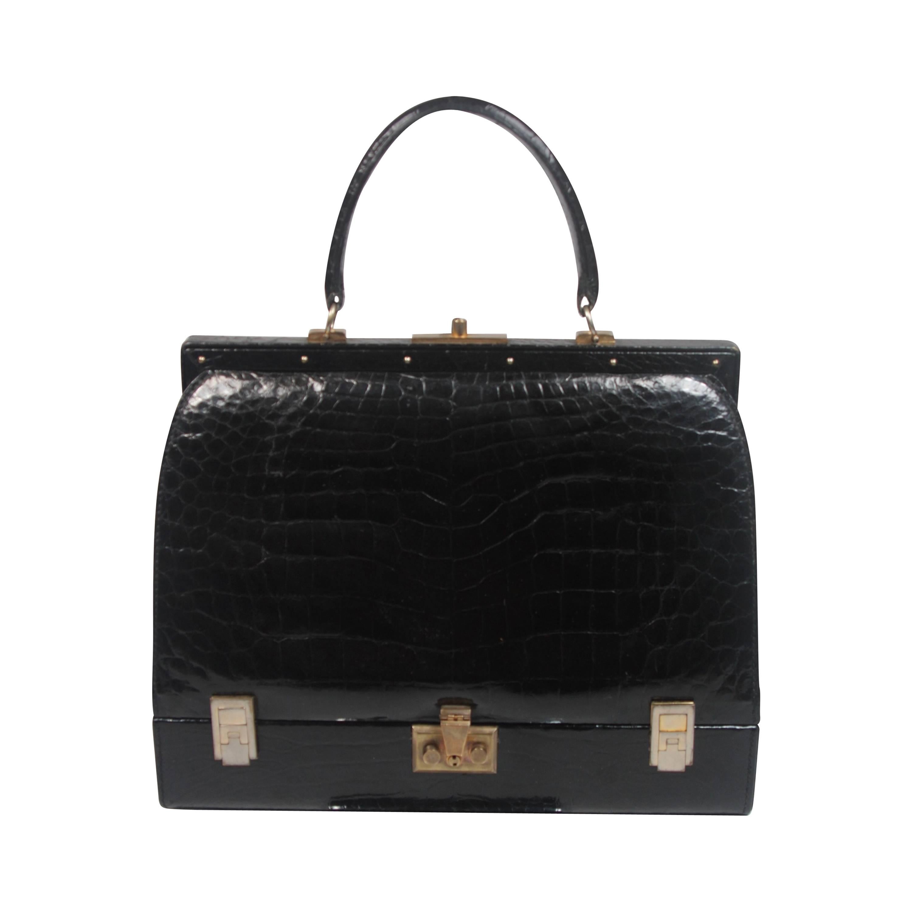 Koret Very Rare "Mallette" Black Crocodile Structured Handbag 