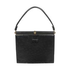 Lucille De Paris Black Ostrich Frame Handbag with Gold Hardware