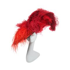 Vintage Galanos Navy Rafia Oversized Hat with Red and Orange Ostrich Feathers