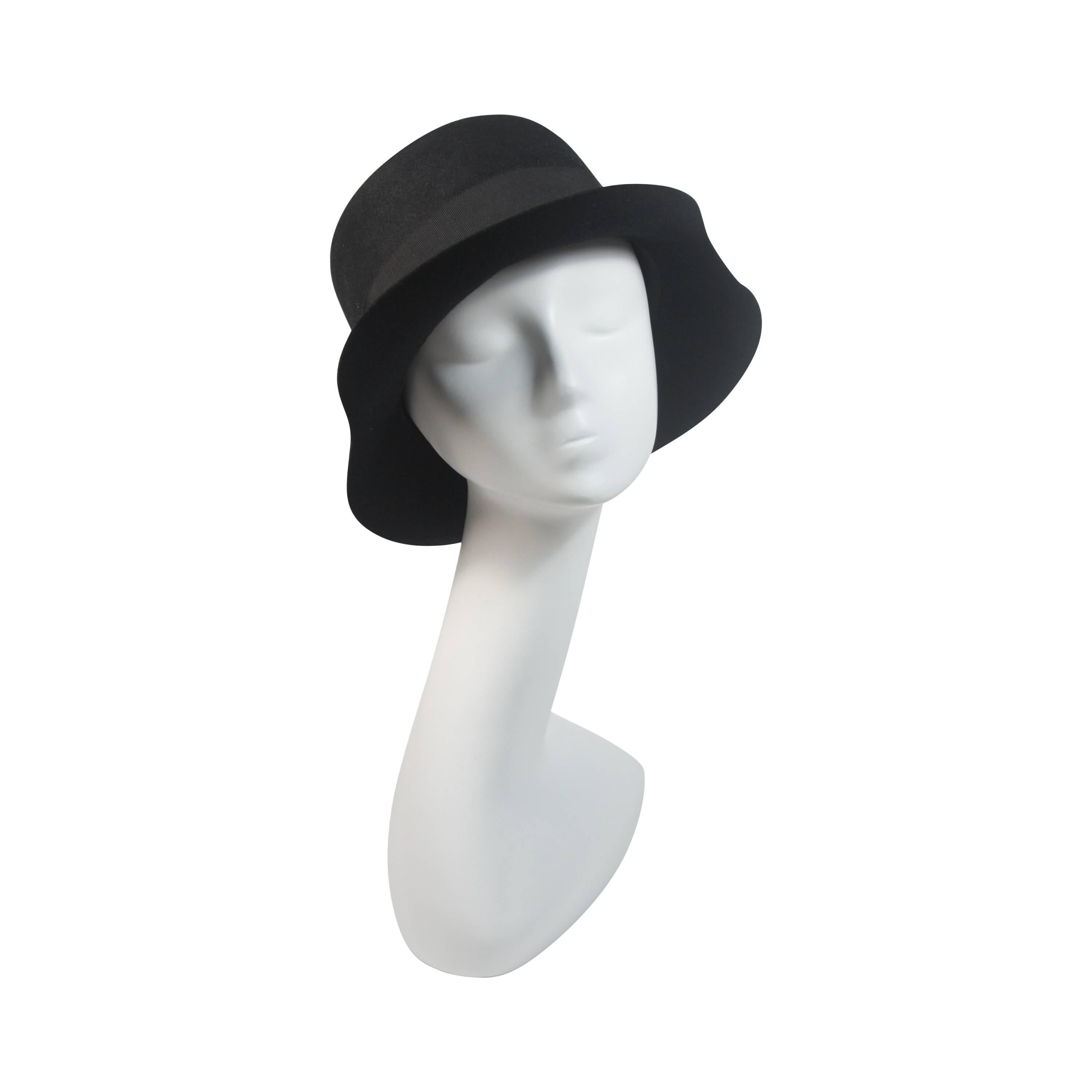 Yves Saint Laurent Rive Gauche 1980's Black Wool Felt Hat with Curved Brim 59