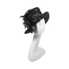 Philip Treacy Black Wool Felt Hat with Black Iridescent Feathers & Satin Gather