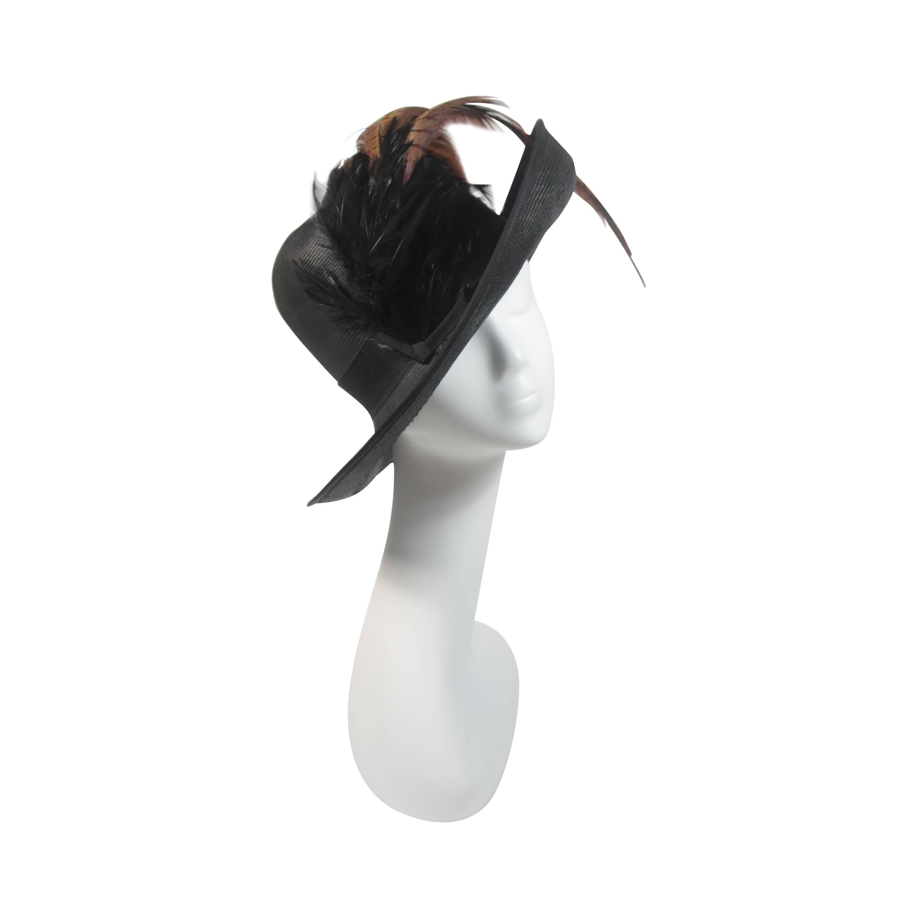 Mr. Charles Black Woven Hat with Multi-Color Feathers For Sale