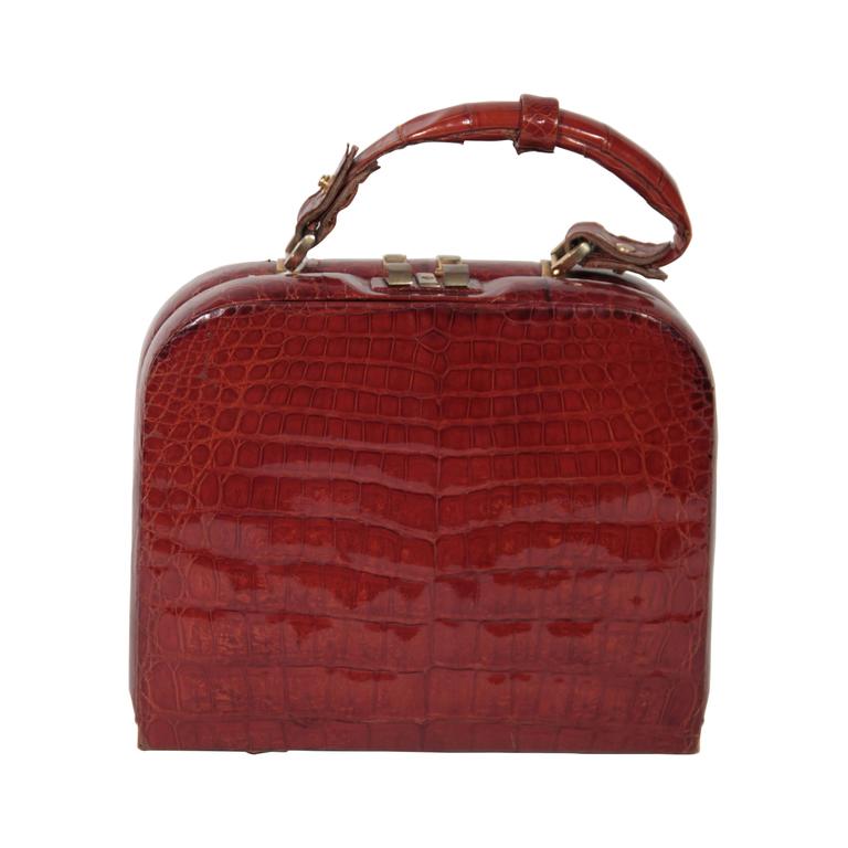 VINTAGE Italian Cognac CROCODILE SKIN Top Handle BOX BAG Purse HANDBAG