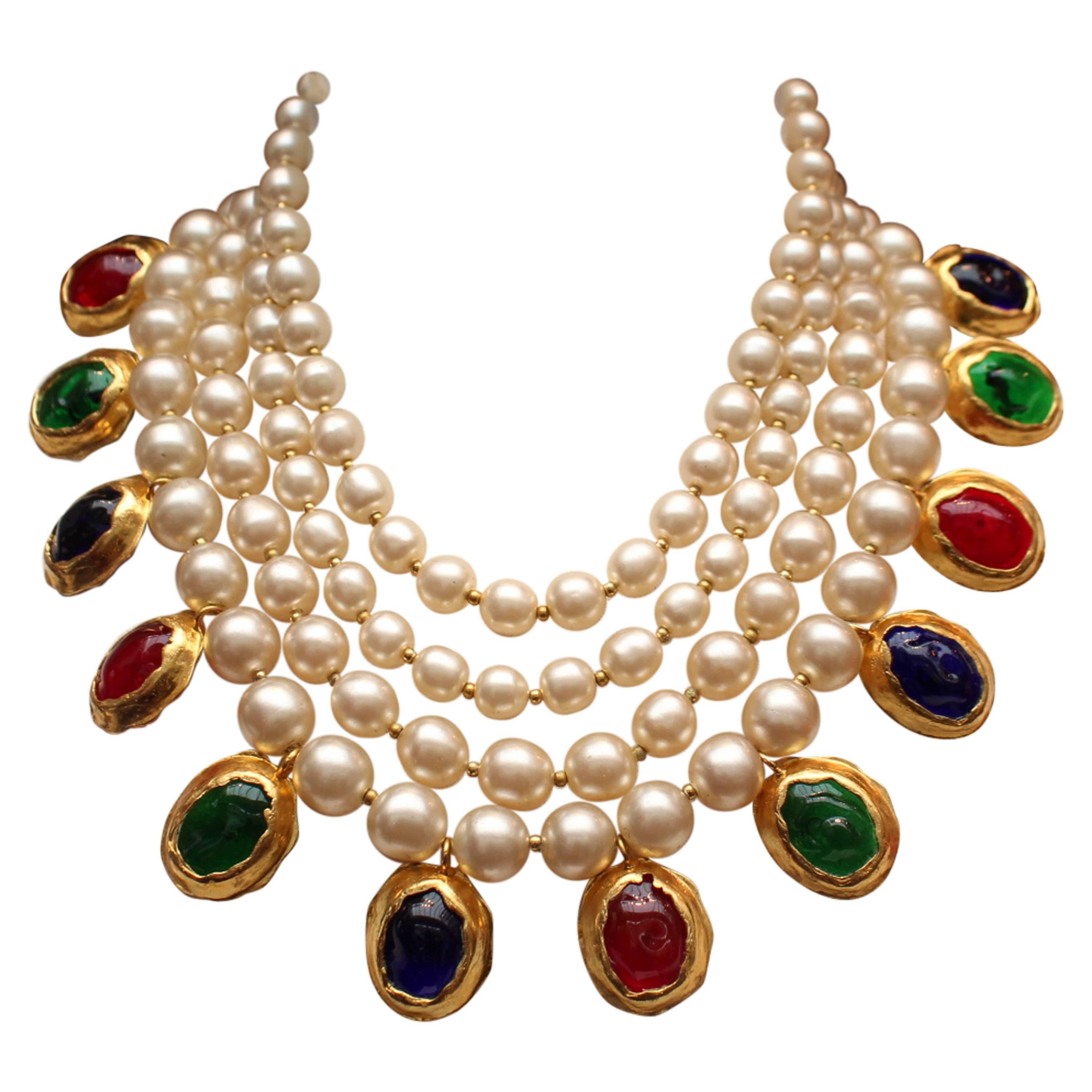 Early 1990's Chanel Multi-strands Pearl and Multicolor Glass Paste Necklace