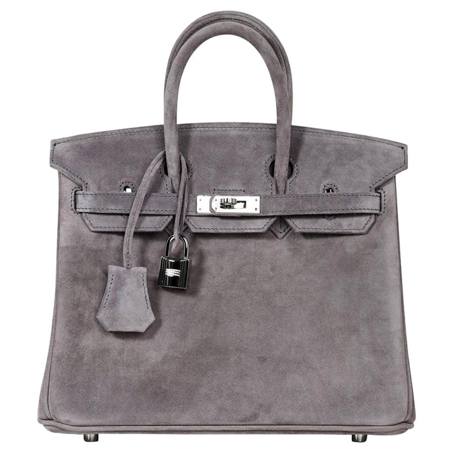 Hermes Birkin 25 Gris Fume Doblis (Suede) Bag Palladium Hardware For Sale