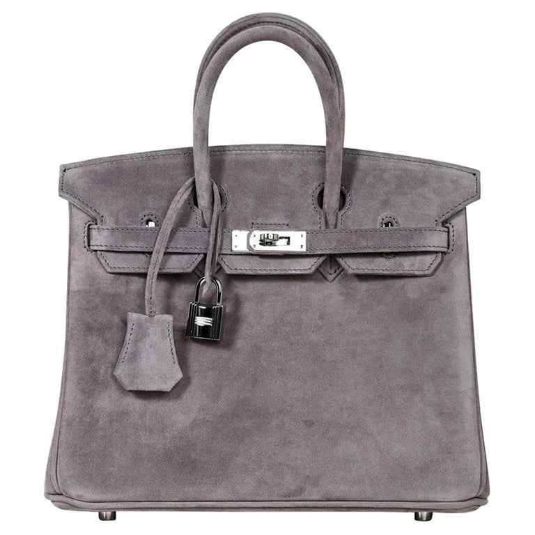 Hermes Birkin 25 Gris Fume Doblis (Suede) Bag Palladium Hardware For Sale  at 1stDibs