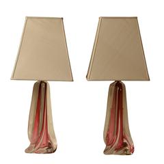 Vintage Pair of Ruby and Clear Glass Lamps, Val St Lambert, Belgium 1950s