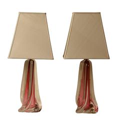 Pair of Ruby and Clear Glass Lamps, Val St Lambert, Belgium 1950s