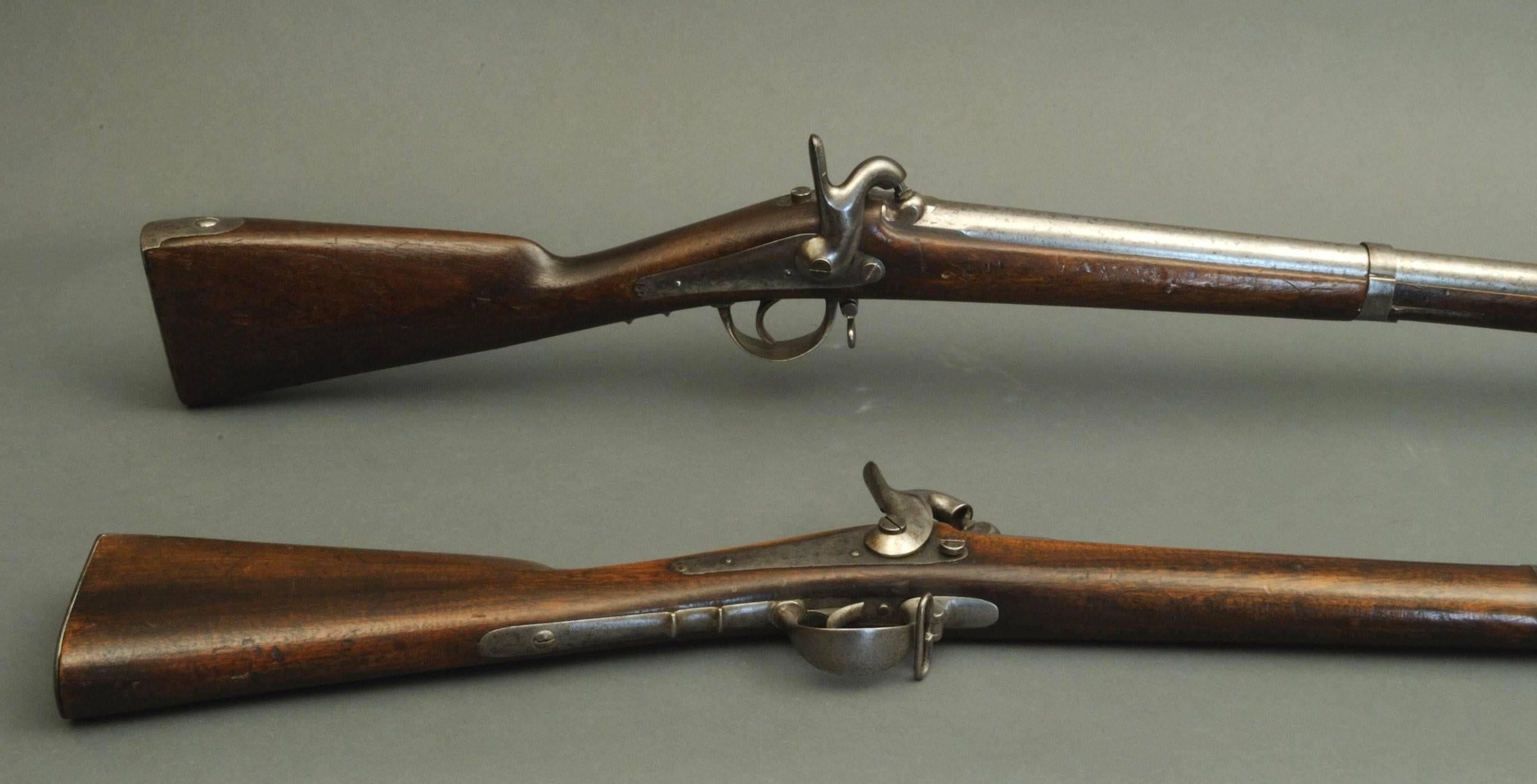 Two good examples of French percussion rifles with the original bayonets, these look fantastic when mounted crossed on a wall.