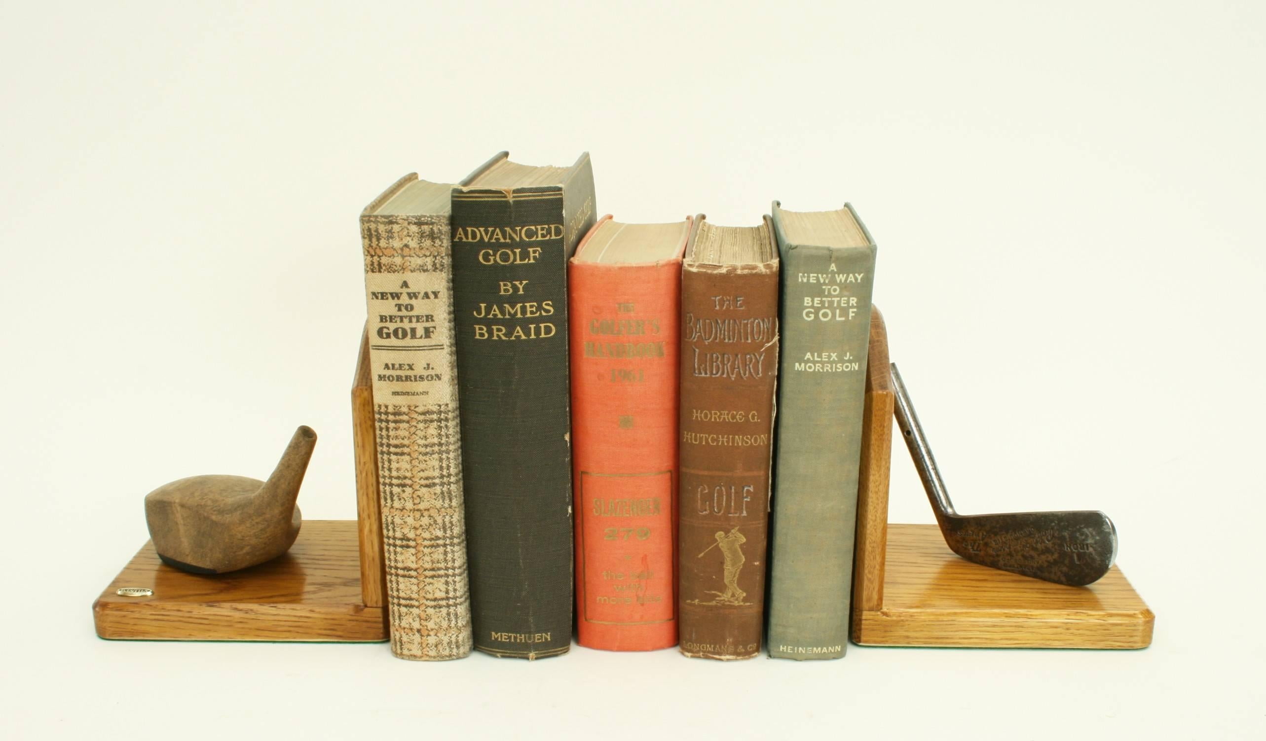 Robert Simpson Bookends. 
A pair of bookends hand crafted from high quality traditional materials with original 1950's/60's club heads. The heads came from the Carnoustie workshop of Robert Simpson when it closed down and have been mounted on to