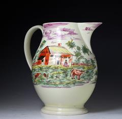 Creamware Enamel Decorated Pitcher with Rural Images