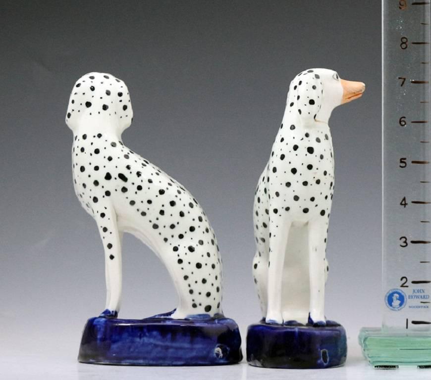 A fine pair of Staffordshire pottery figures of Dalmatians modeled seated on cobalt blue bases. 
The pair are decorated in the round and have separately modeled front legs.