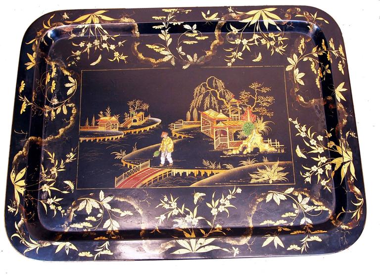 English 19th Century Papier Mache Tray On Stand With Gilded Decoration 