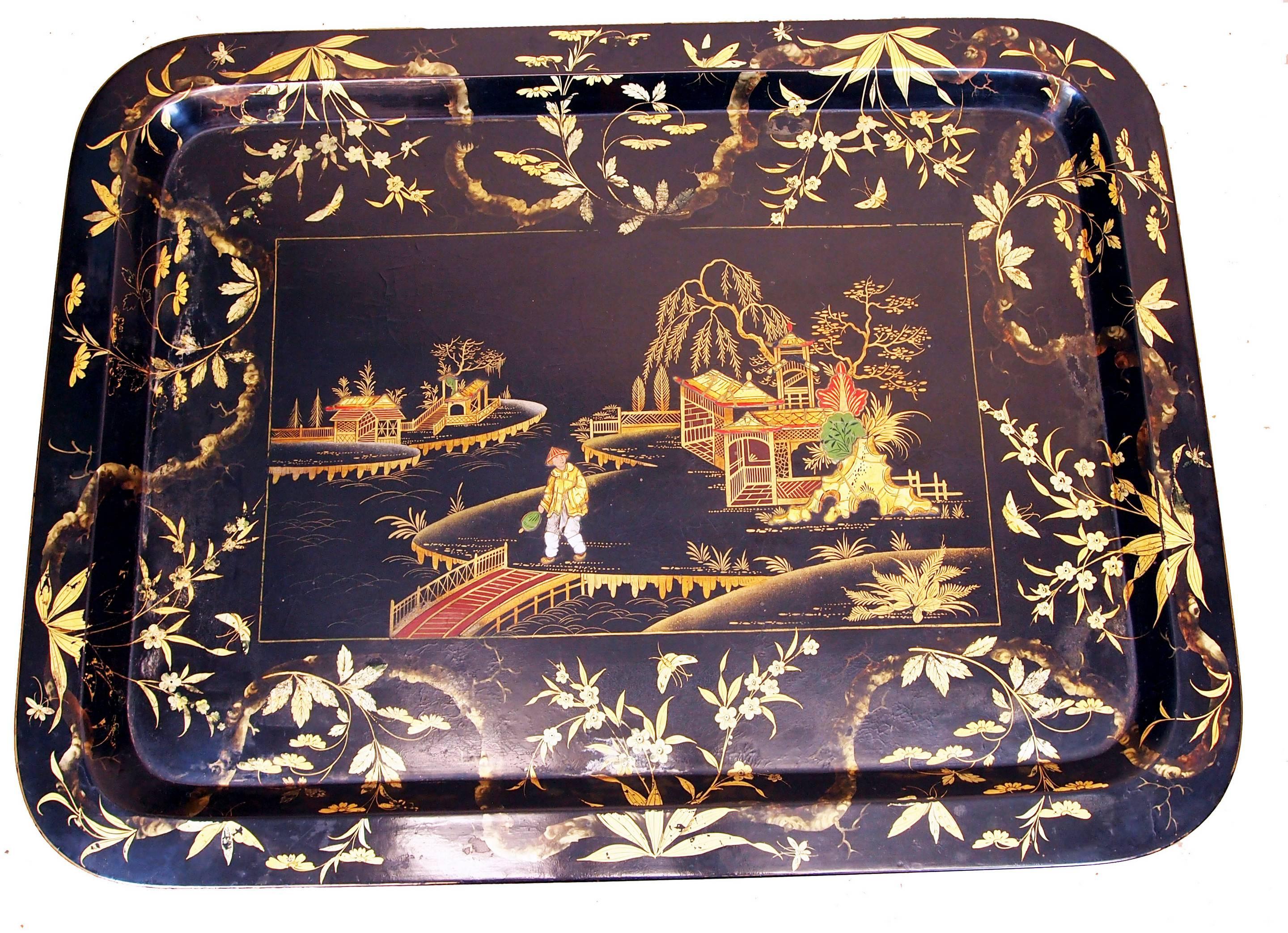 English 19th Century Papier Mache Tray On Stand With Gilded Decoration