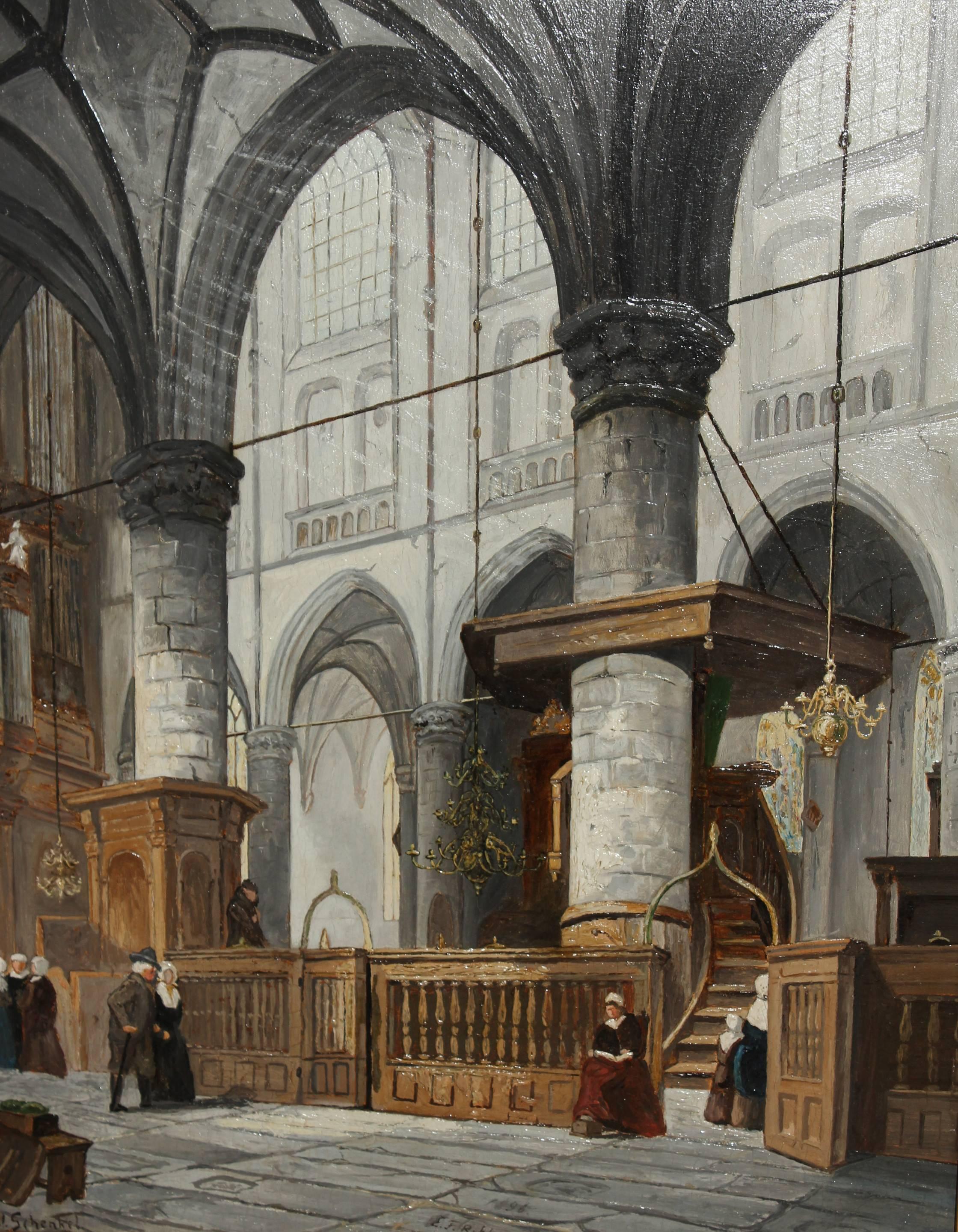 Dutch church interior by Jan Jacob Schenkel 1829-1900 E.F.Rikkers, 1855-1900 oil on panel 16 x 12