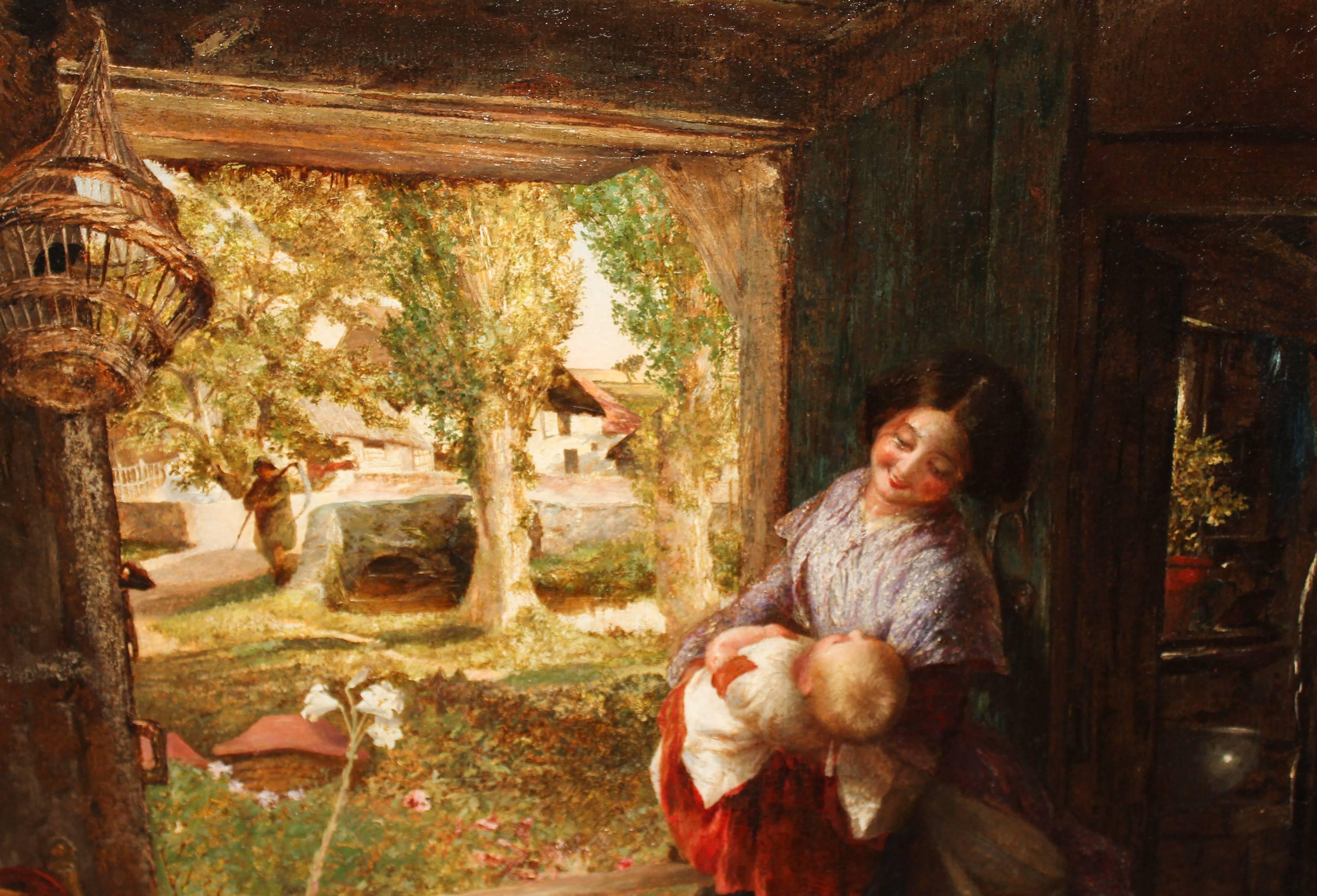 By the cottage door by Charles James Lewis RI. 1830-92 a highly popular industrian painter, oil on board 33x25