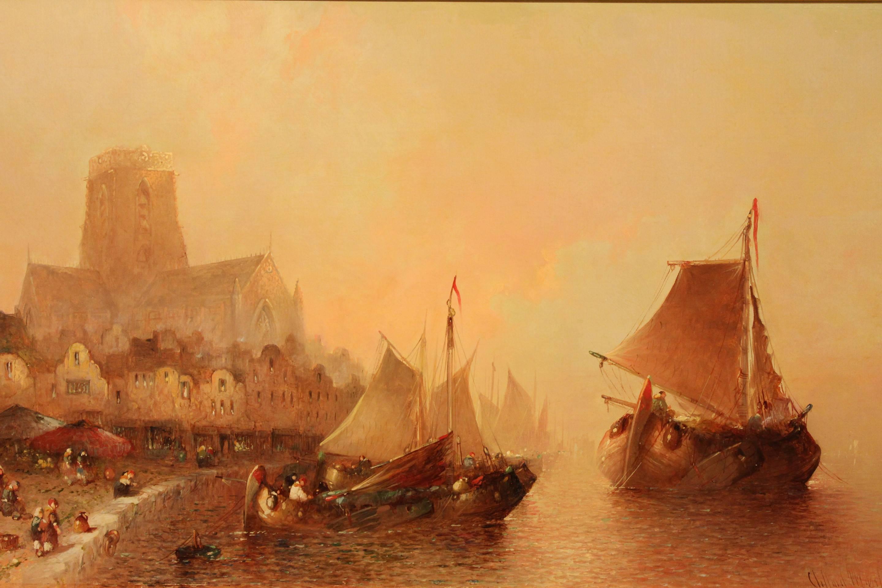 Dutch townscape by Clifford Montague. Clifford Montague, 1845-1901 Birmingham painter of continental townscapes and landscapes, exhibited throughout Britain. Son of Alfred Montague RBA oil on canvas, measure: 20 x 28