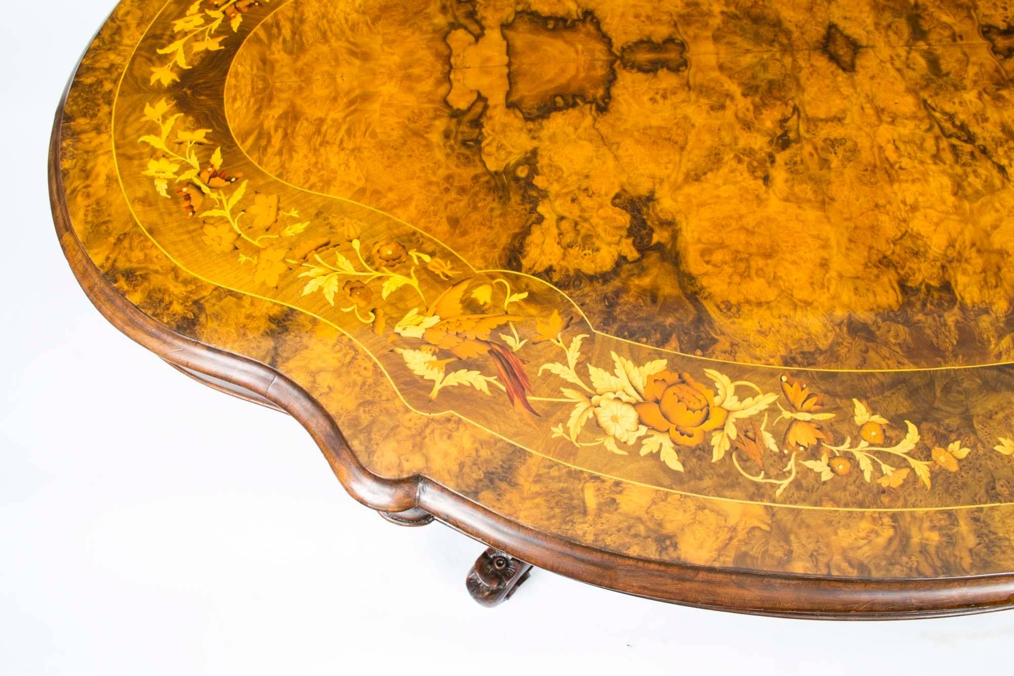 19th Century Antique Marquetry Basket Base Oval Loo Table, circa 1870