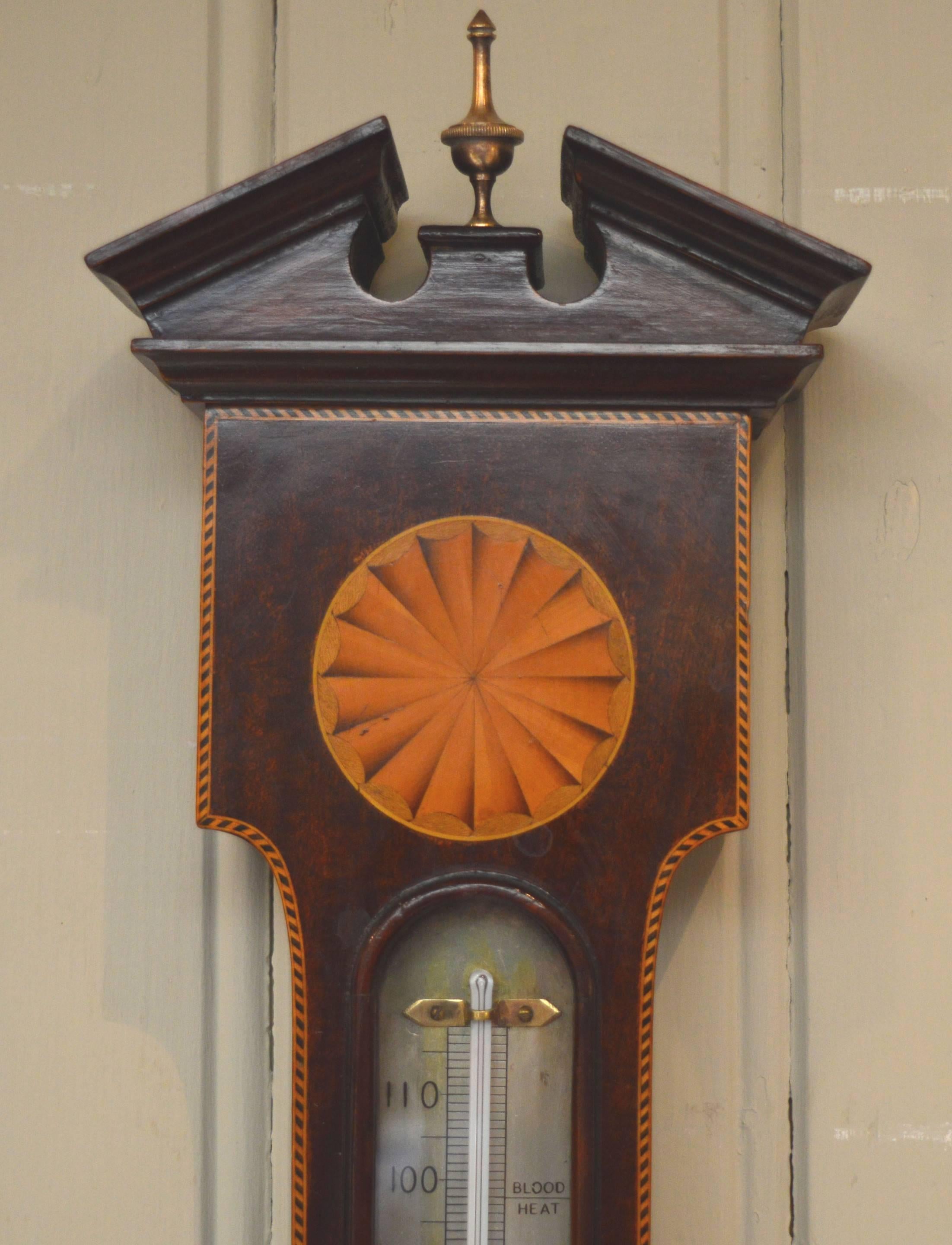Edwardian Mahogany and Inlay Aneroid Barometer In Good Condition In Buckinghamshire, GB