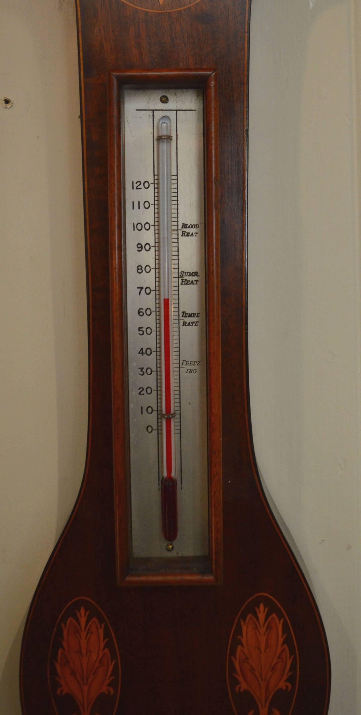 20th Century Edwardian Sheraton Style Mahogany and Inlay Aneroid Barometer