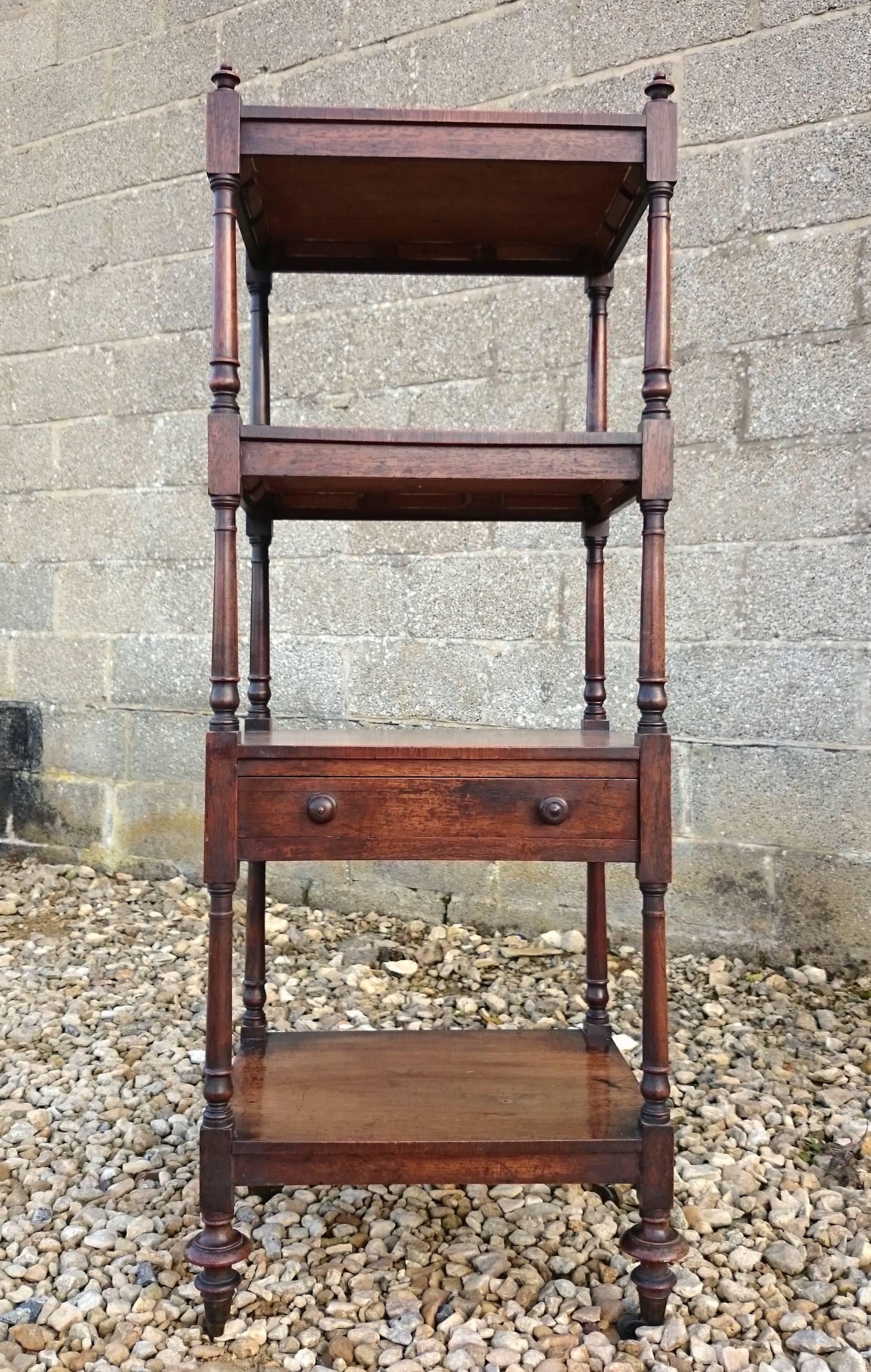 Antique whatnot made of rosewood that has faded to a pale honey colour over its long life. This can be even further improved with beeswax which will be carried out by our in house restoration team. The what not is a useful piece of furniture which