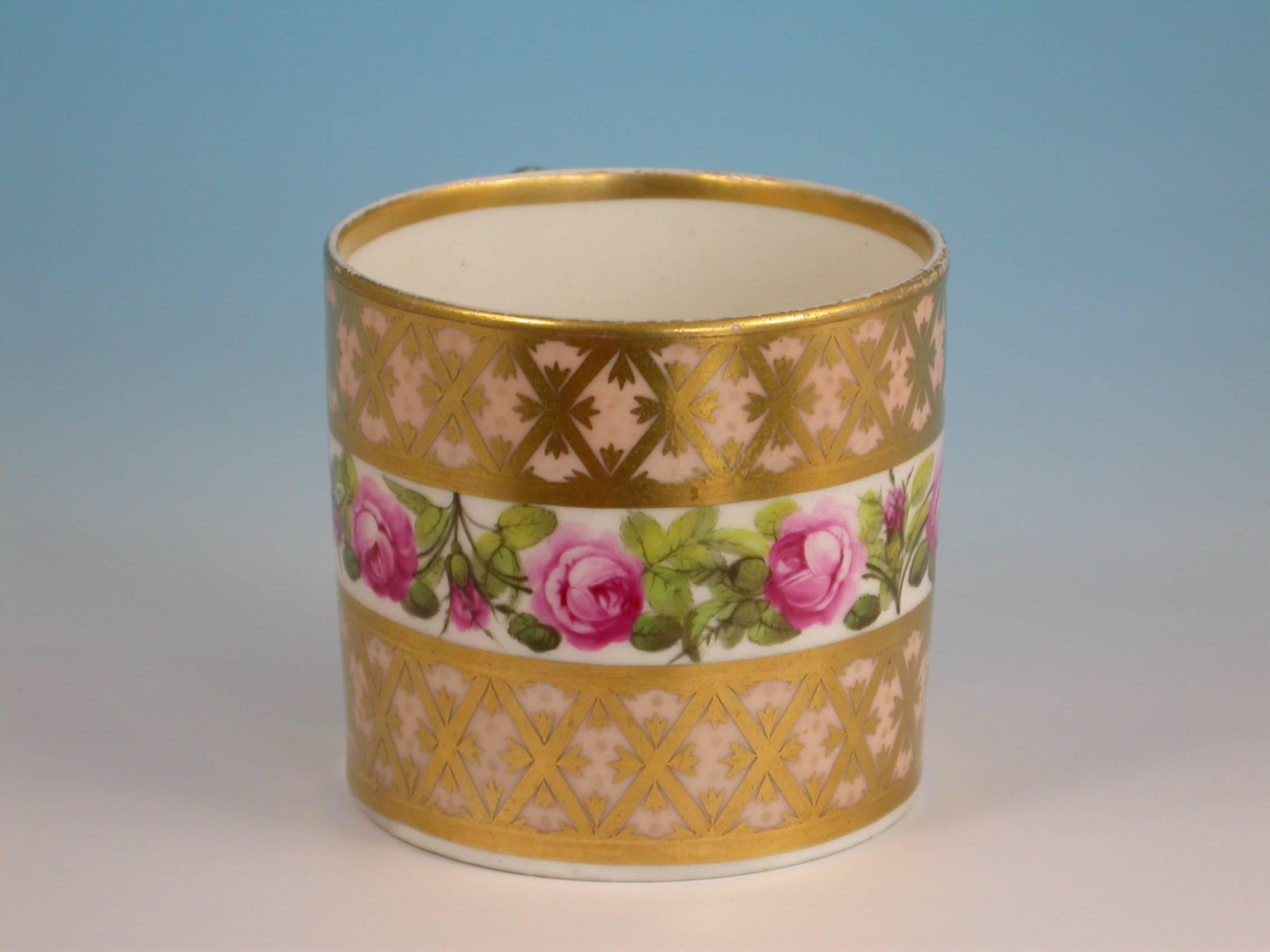 A fine Duesbury Derby coffee can of cylindrical form with solid ring shaped handle, decorated with cross hatched gilding enclosing chevrons and a continuous band of polychrome roses.

Pattern number 529 
Puce Mark - Crown, Cross Swords and D,