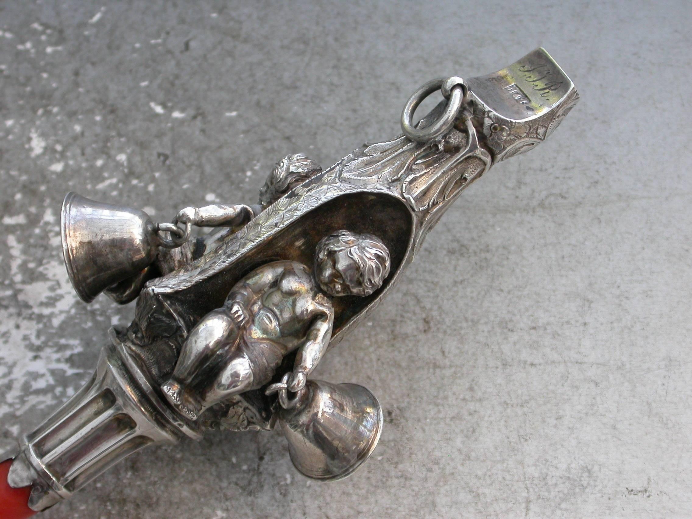 Victorian Silver Baby's Rattle Alcoves Inset With Putti 5