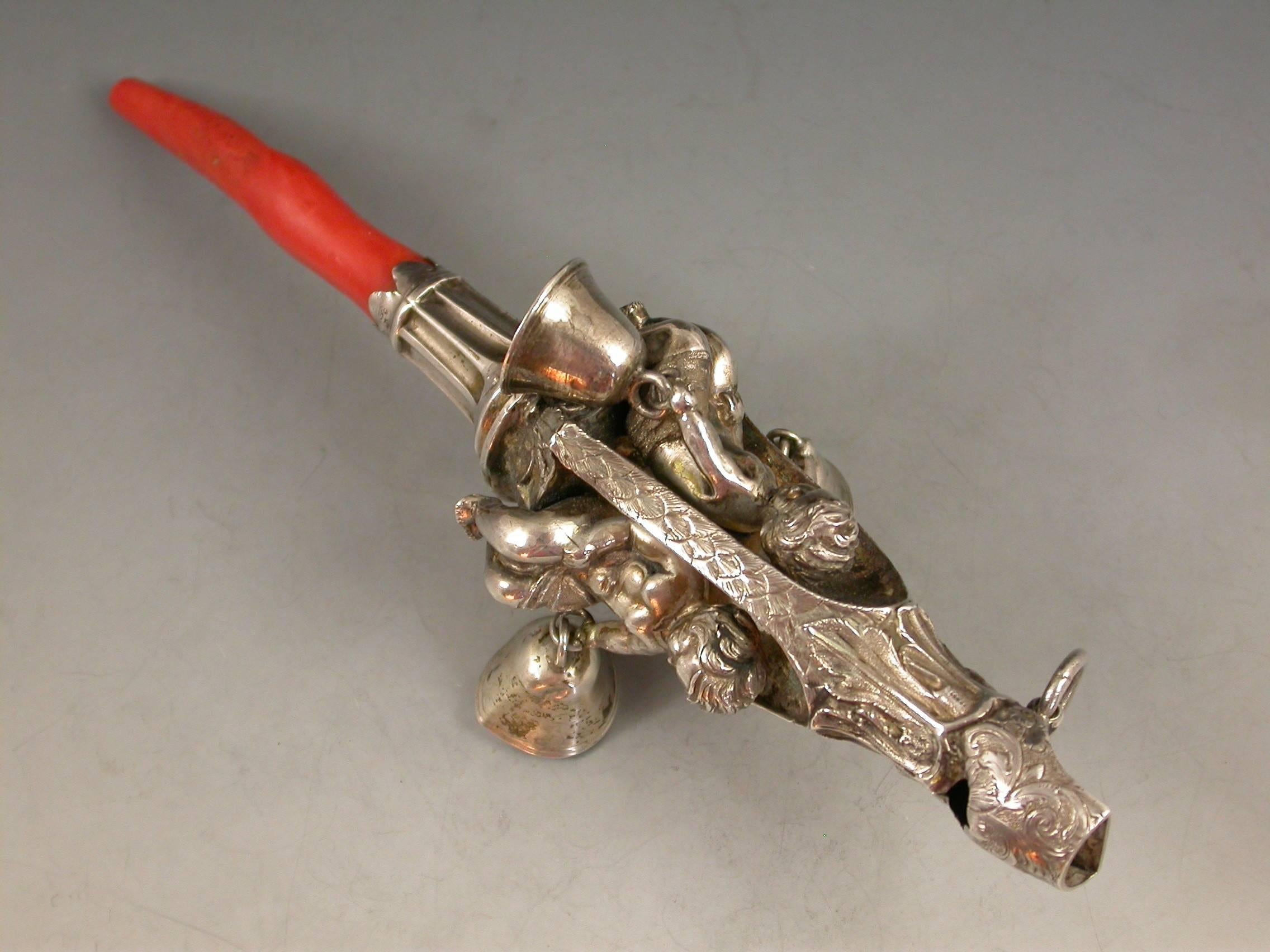 19th Century Victorian Silver Baby's Rattle Alcoves Inset With Putti