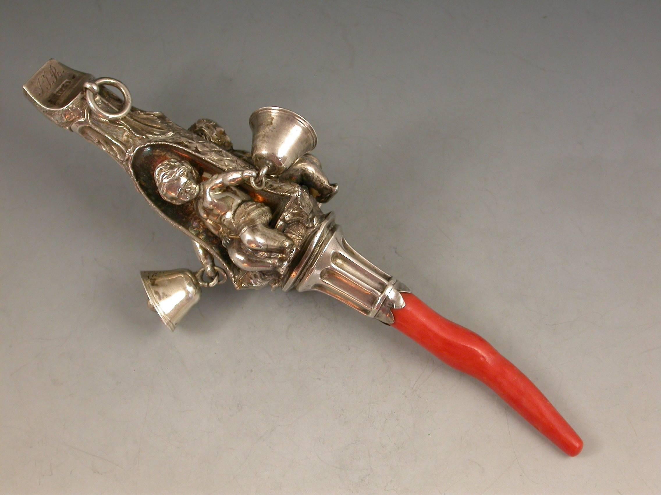 Victorian Silver Baby's Rattle Alcoves Inset With Putti 1