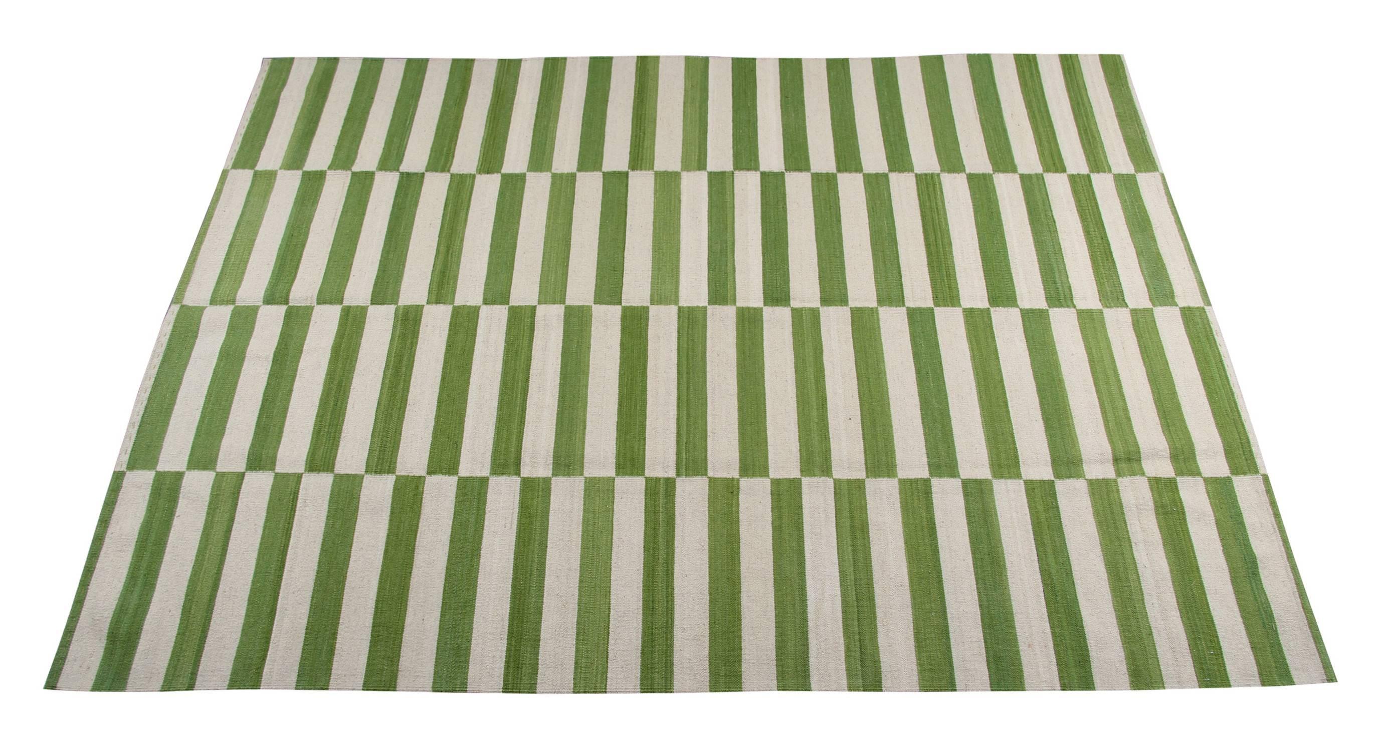 green and white striped rug