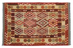 Afghan Kilim Rugs Red and Gold with Geometric Designs