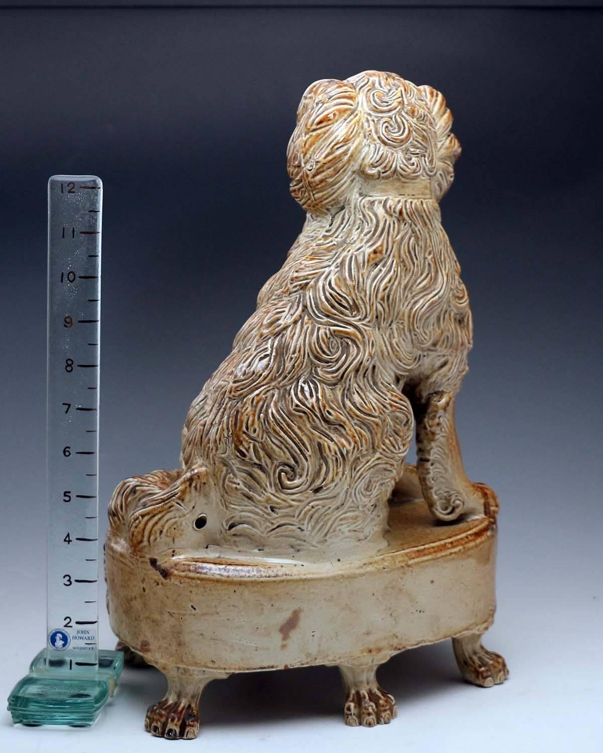 Antique saltglaze stoneware pottery figure of a spaniel seated on an oval base c In Good Condition In Woodstock, OXFORDSHIRE