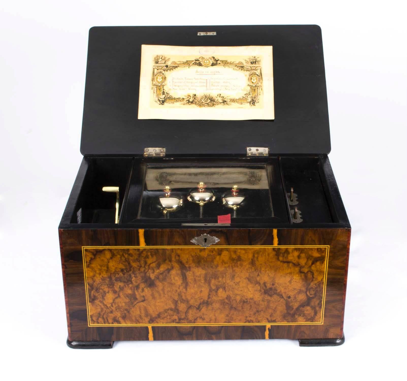 This is a lovely antique Swiss 8 air cylinder music box with three bells in view, manufactured in Switzerland and retailed by Lith Picard - Lion Geneve. 

The case has been accomplished in coromandel and burr walnut with beautiful decorative