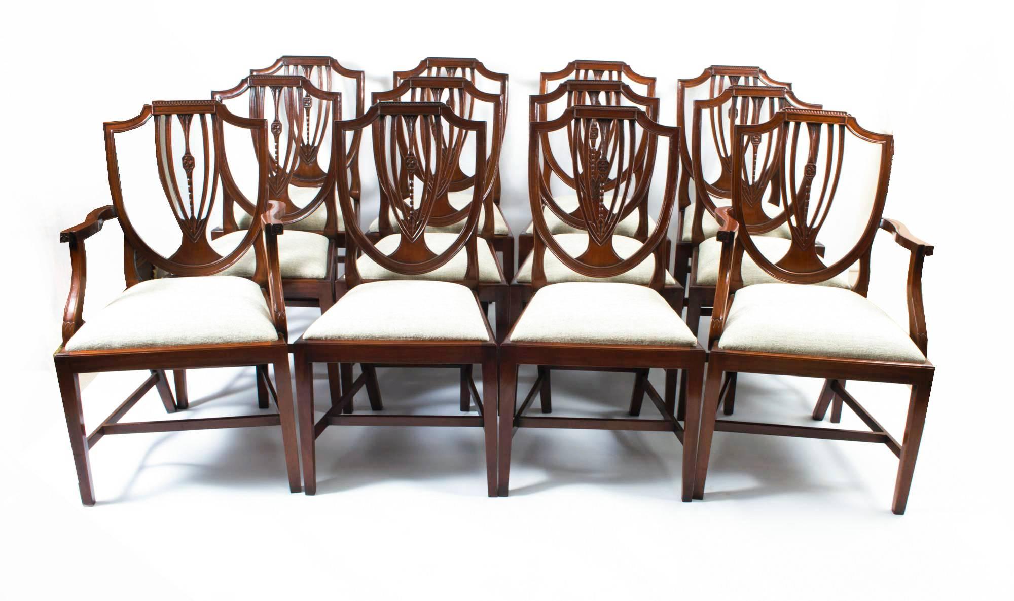 English Antique Victorian Mahogany Dining Table with 12 Shield-Back Chairs