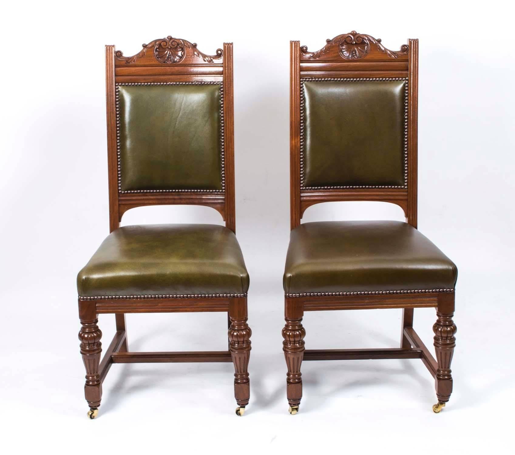 This is a superb and rare antique Victorian solid walnut set of sixteen chairs, circa 1880 in date. 

They bears the impressed mark of the renowned maker Thomas Turner of Manchester. 

This fabulous set of sixteen antique Victorian chairs have