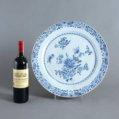 Large 18th Century Blue and White Qianlong Period Porcelain Charger Floral Plate